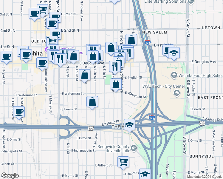 map of restaurants, bars, coffee shops, grocery stores, and more near 247 Greenwood in Wichita