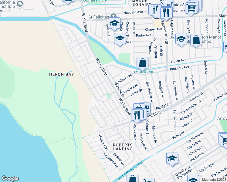 map of restaurants, bars, coffee shops, grocery stores, and more near 145 Santa Teresa in San Leandro