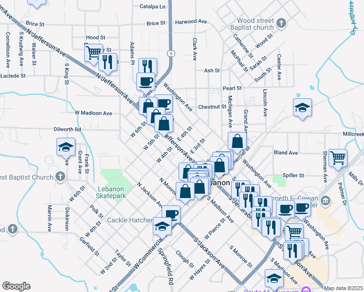 map of restaurants, bars, coffee shops, grocery stores, and more near 364 North Jefferson Avenue in Lebanon