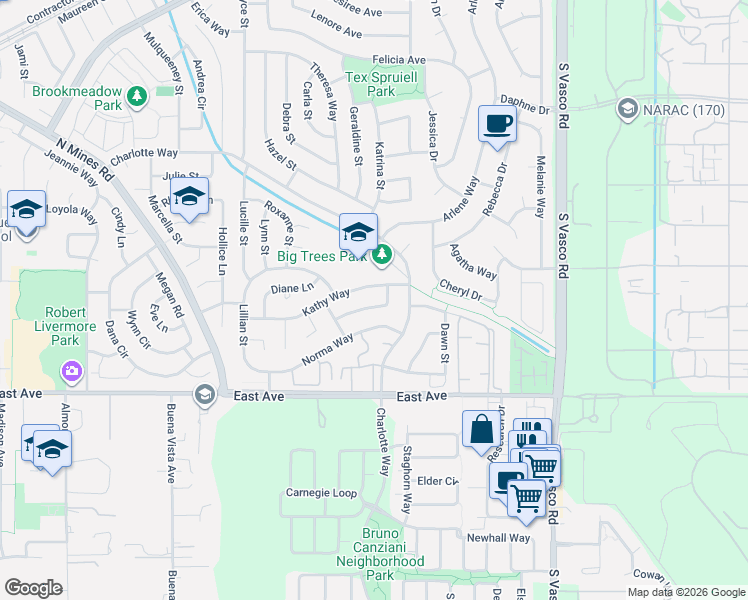 map of restaurants, bars, coffee shops, grocery stores, and more near 5354 Sandra Way in Livermore