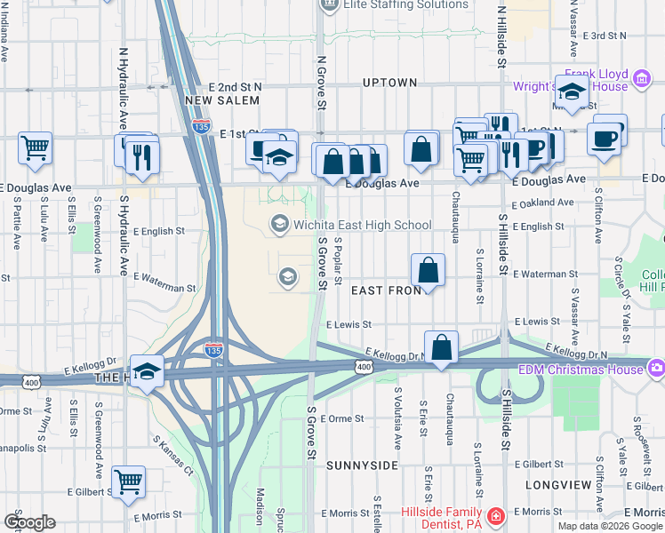 map of restaurants, bars, coffee shops, grocery stores, and more near 234 South Poplar Street in Wichita