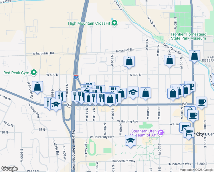 map of restaurants, bars, coffee shops, grocery stores, and more near 330 North 900 West in Cedar City