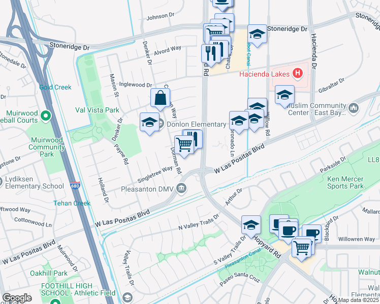 map of restaurants, bars, coffee shops, grocery stores, and more near 6246 Ruxton Court in Pleasanton