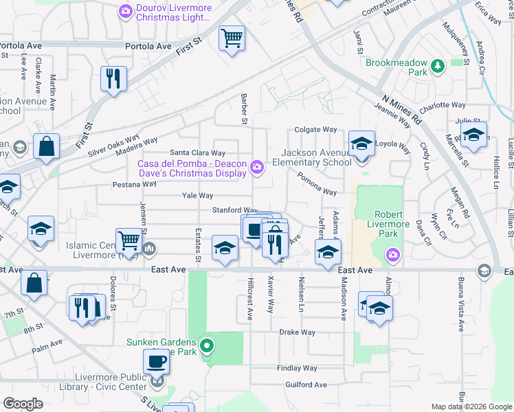 map of restaurants, bars, coffee shops, grocery stores, and more near 486 Hillcrest Avenue in Livermore