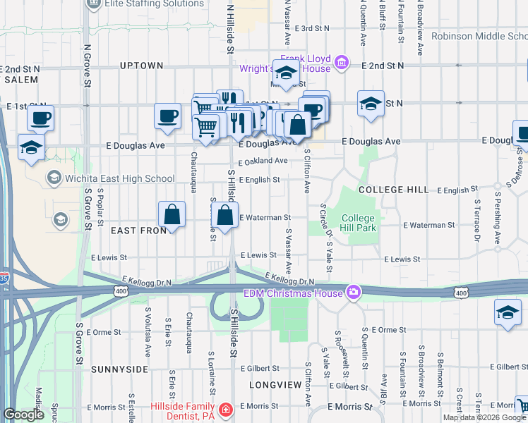 map of restaurants, bars, coffee shops, grocery stores, and more near 250 South Holyoke Street in Wichita