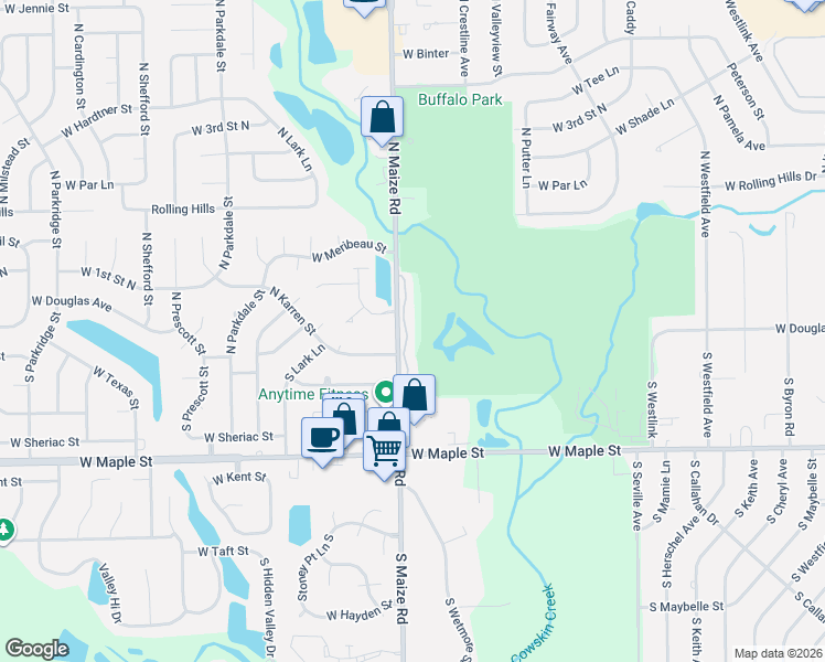 map of restaurants, bars, coffee shops, grocery stores, and more near 110 North Maize Road in Wichita