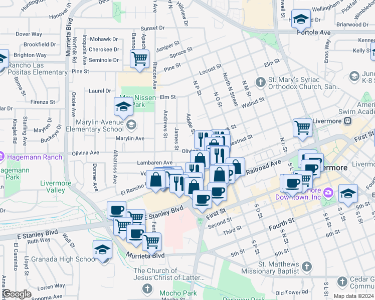 map of restaurants, bars, coffee shops, grocery stores, and more near 1430 Olivina Avenue in Livermore