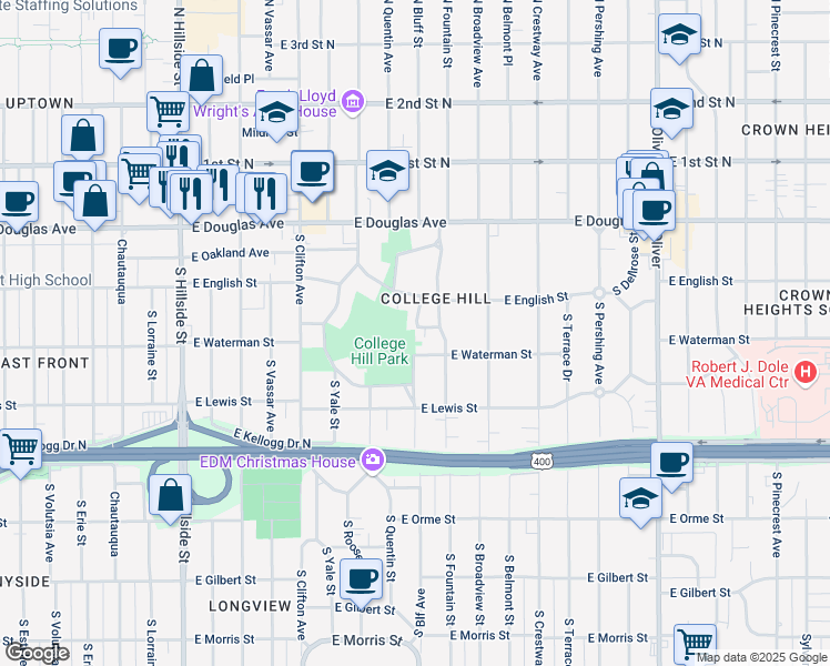 map of restaurants, bars, coffee shops, grocery stores, and more near 4001 Hammond Drive in Wichita
