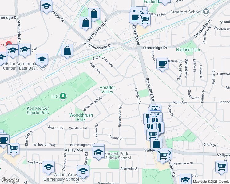 map of restaurants, bars, coffee shops, grocery stores, and more near 4788 Woodthrush Court in Pleasanton