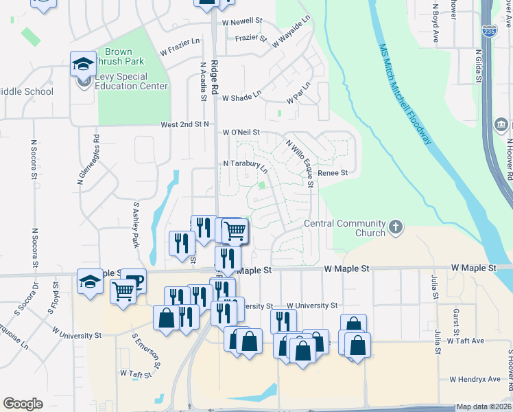 map of restaurants, bars, coffee shops, grocery stores, and more near 6935 El Robelai Circle in Wichita