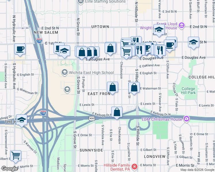 map of restaurants, bars, coffee shops, grocery stores, and more near 240 Volutsia in Wichita