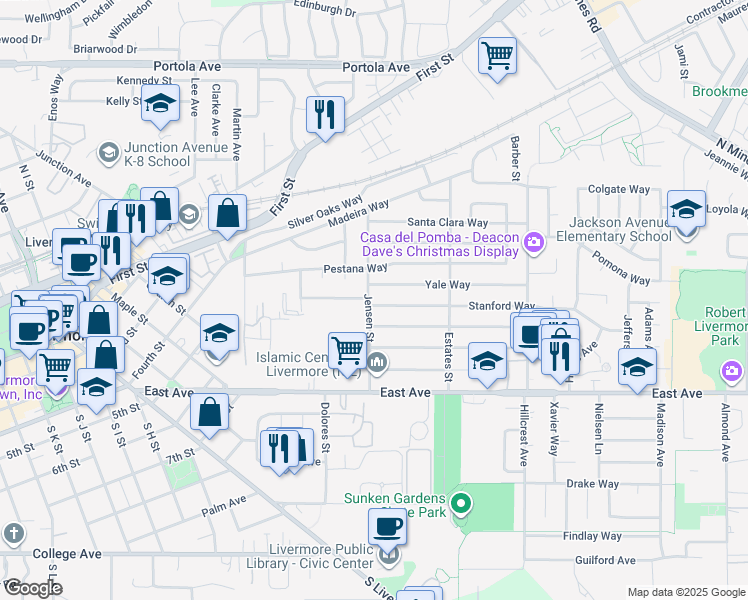 map of restaurants, bars, coffee shops, grocery stores, and more near 488 Jensen Street in Livermore