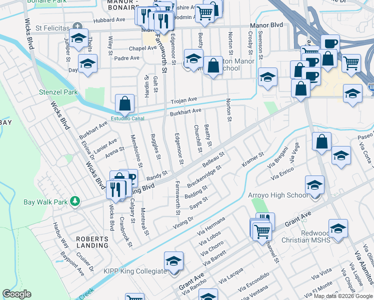 map of restaurants, bars, coffee shops, grocery stores, and more near 15367 Dewey Street in San Leandro