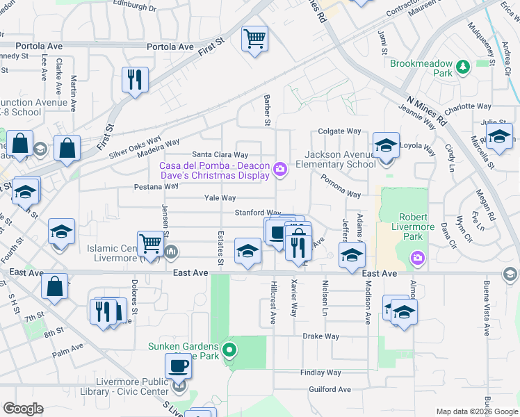 map of restaurants, bars, coffee shops, grocery stores, and more near 3990 Stanford Way in Livermore