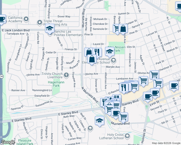 map of restaurants, bars, coffee shops, grocery stores, and more near 740 Olivina Avenue in Livermore