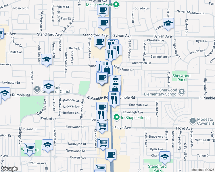 map of restaurants, bars, coffee shops, grocery stores, and more near 3025 McHenry Avenue in Modesto