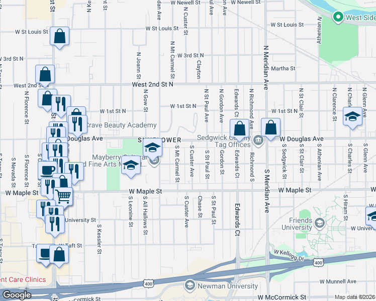 map of restaurants, bars, coffee shops, grocery stores, and more near 122 South Mount Carmel Street in Wichita