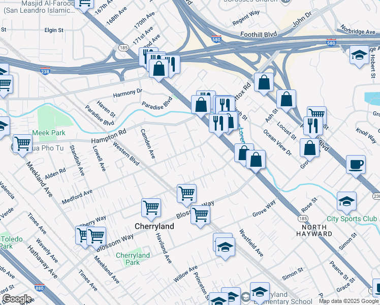 map of restaurants, bars, coffee shops, grocery stores, and more near 20905 Cardoza Court in Hayward