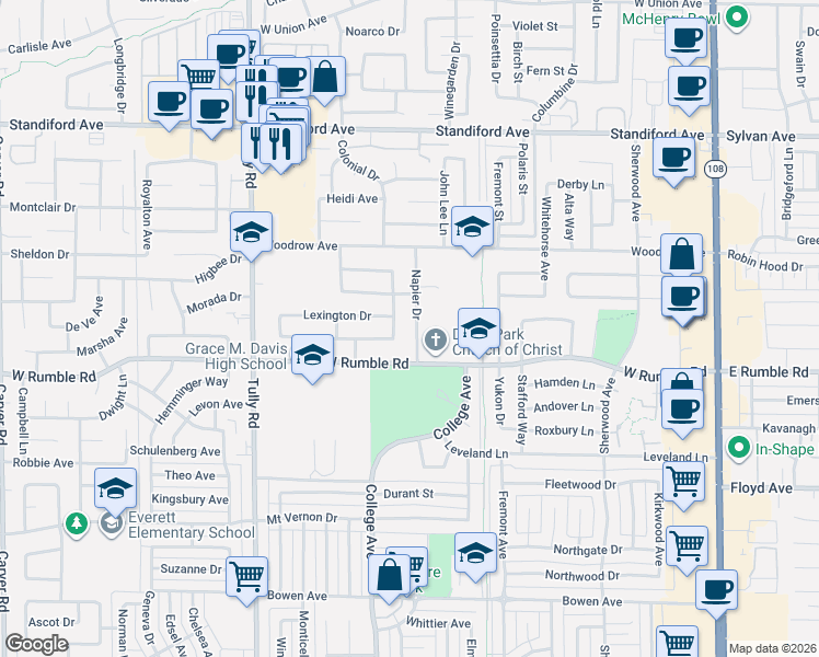 map of restaurants, bars, coffee shops, grocery stores, and more near 3104 Coventry Way in Modesto