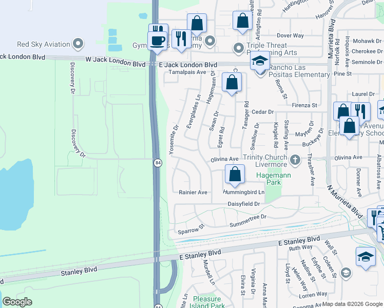 map of restaurants, bars, coffee shops, grocery stores, and more near 377 Yosemite Drive in Livermore