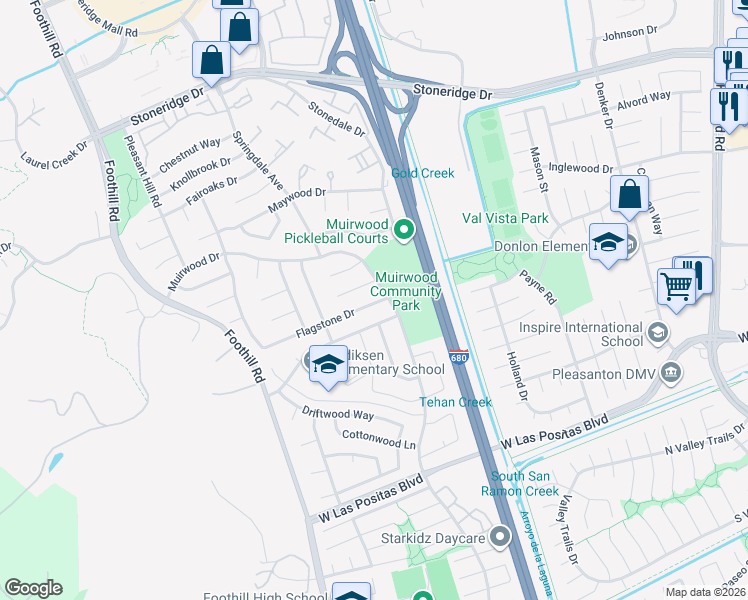 map of restaurants, bars, coffee shops, grocery stores, and more near 7447 Flagstone Drive in Pleasanton