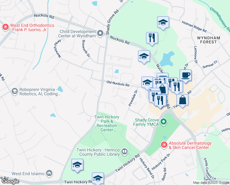 map of restaurants, bars, coffee shops, grocery stores, and more near 1673 New Haven Place in Glen Allen