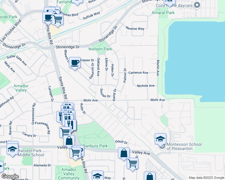 map of restaurants, bars, coffee shops, grocery stores, and more near 3512 Kamp Drive in Pleasanton