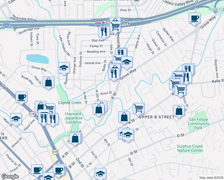 map of restaurants, bars, coffee shops, grocery stores, and more near 22296 North 6th Street in Castro Valley