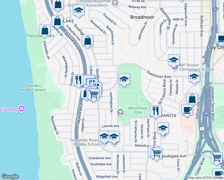 map of restaurants, bars, coffee shops, grocery stores, and more near 155 Westmoor Avenue in Daly City