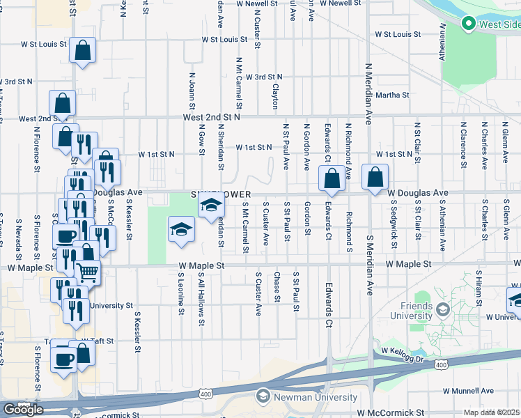 map of restaurants, bars, coffee shops, grocery stores, and more near 122 South Mount Carmel Street in Wichita