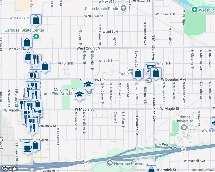 map of restaurants, bars, coffee shops, grocery stores, and more near 122 South Mount Carmel Street in Wichita