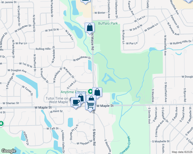 map of restaurants, bars, coffee shops, grocery stores, and more near 110 North Maize Road in Wichita