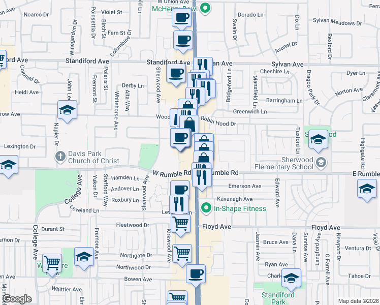 map of restaurants, bars, coffee shops, grocery stores, and more near 3025 McHenry Avenue in Modesto