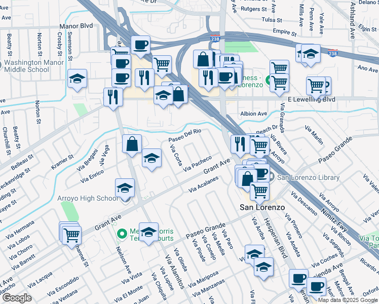 map of restaurants, bars, coffee shops, grocery stores, and more near 15756 Via Regio in San Lorenzo