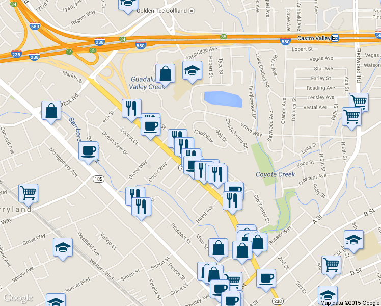 map of restaurants, bars, coffee shops, grocery stores, and more near 21660 Foothill Boulevard in Hayward