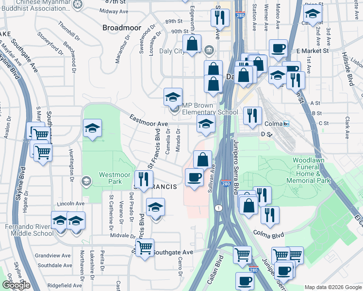map of restaurants, bars, coffee shops, grocery stores, and more near 170 Santa Paula Drive in Daly City