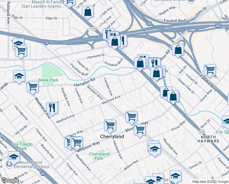 map of restaurants, bars, coffee shops, grocery stores, and more near 20068 Camden Ave in Hayward