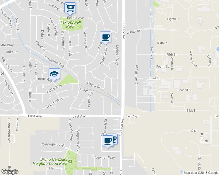 map of restaurants, bars, coffee shops, grocery stores, and more near 1635 Embassy Circle in Livermore