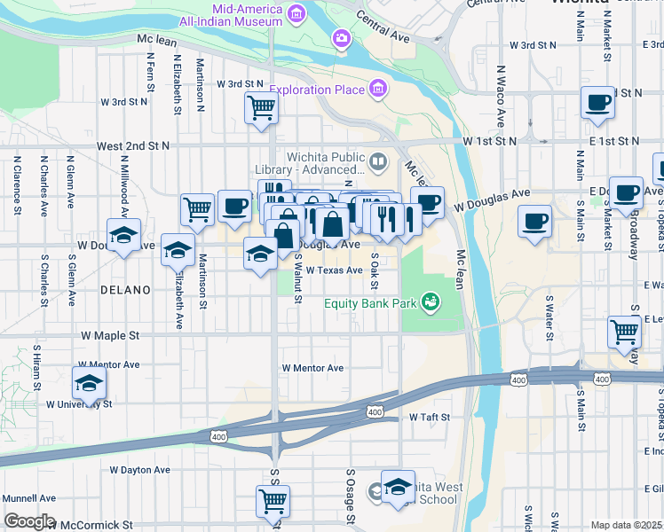 map of restaurants, bars, coffee shops, grocery stores, and more near 810 Texas Street in Wichita