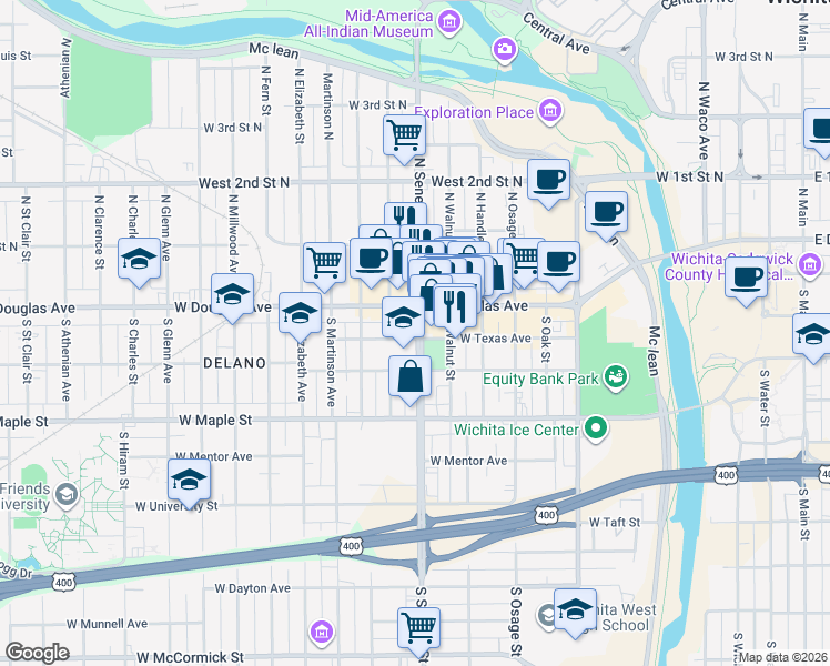 map of restaurants, bars, coffee shops, grocery stores, and more near 125 South Seneca Street in Wichita