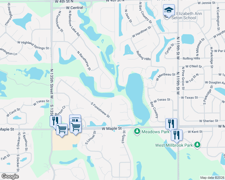 map of restaurants, bars, coffee shops, grocery stores, and more near 116 N Rainbow Lake Rd in Wichita