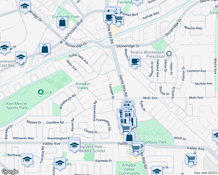 map of restaurants, bars, coffee shops, grocery stores, and more near 2474 Tanager Drive in Pleasanton