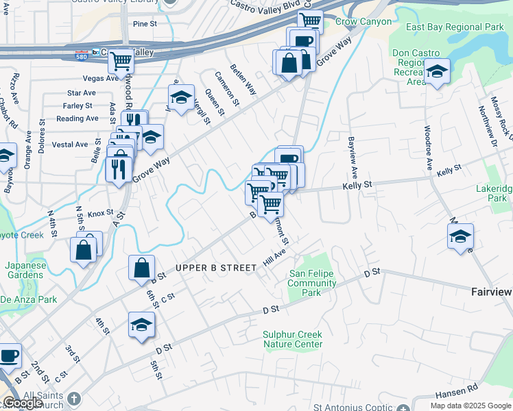 map of restaurants, bars, coffee shops, grocery stores, and more near 22598 Arlette Avenue in Hayward