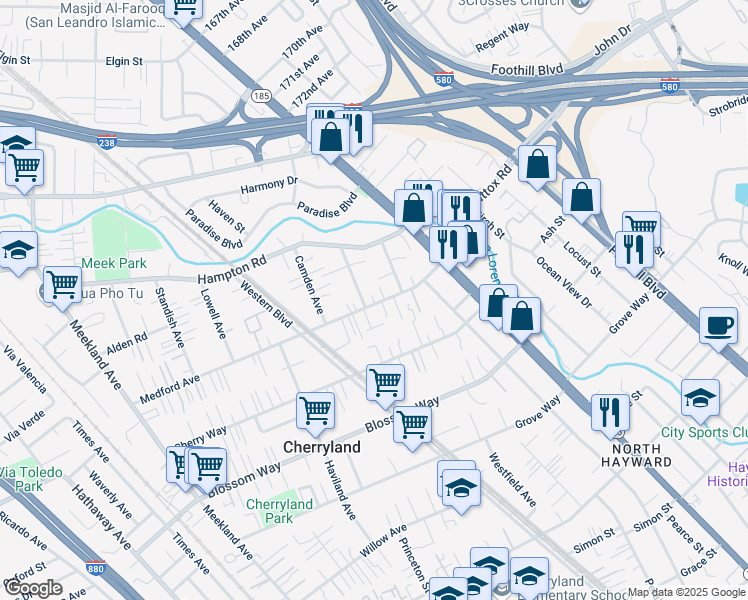 map of restaurants, bars, coffee shops, grocery stores, and more near 694 Medford Avenue in Hayward