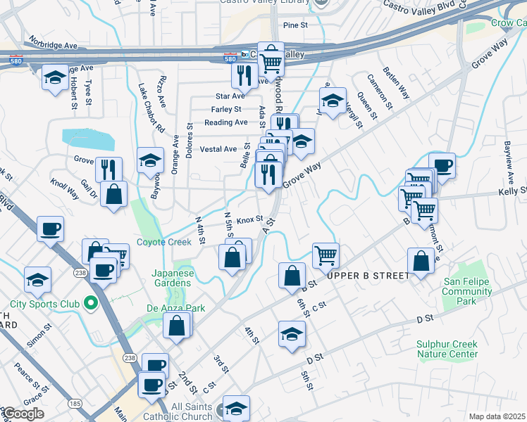 map of restaurants, bars, coffee shops, grocery stores, and more near 22292 North 6th Street in Castro Valley