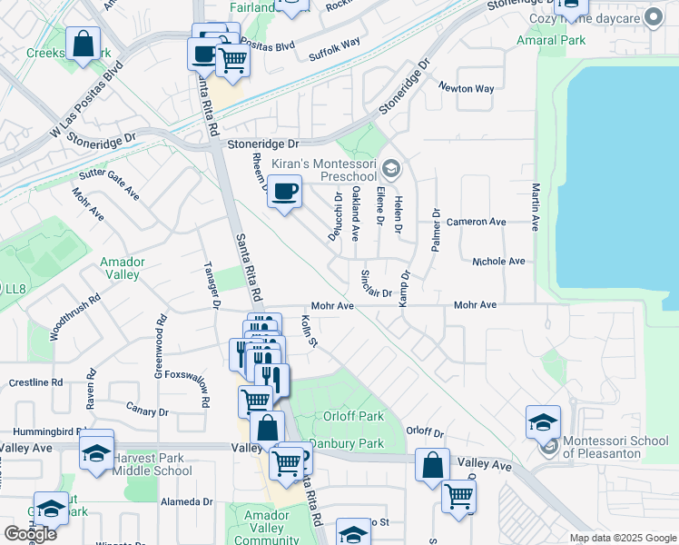 map of restaurants, bars, coffee shops, grocery stores, and more near 4258 Katie Lane in Pleasanton