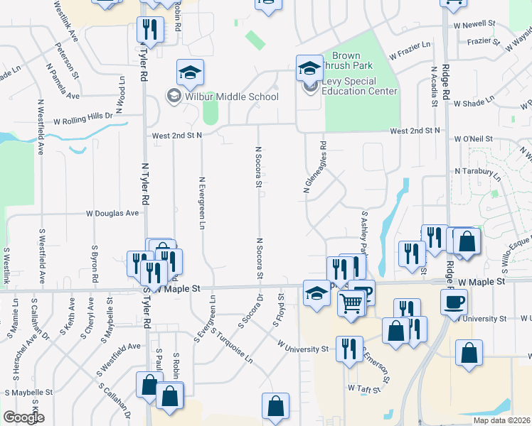 map of restaurants, bars, coffee shops, grocery stores, and more near 100 South Socora Drive in Wichita