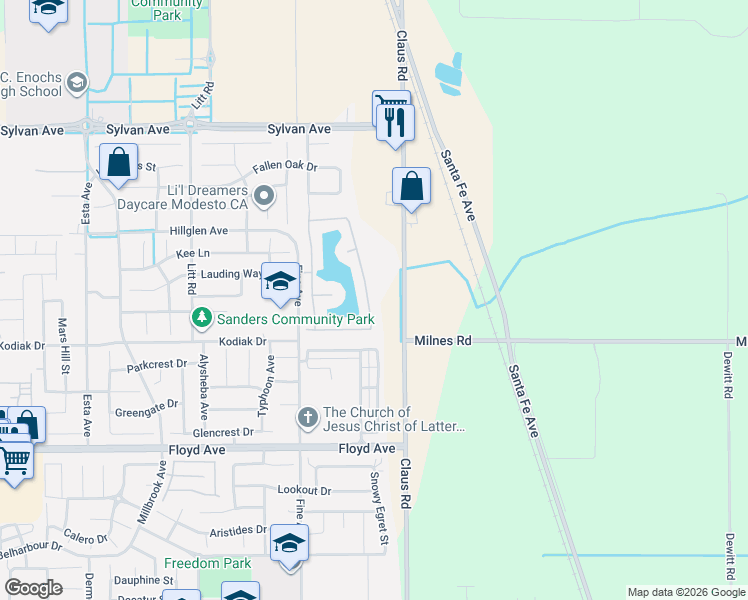 map of restaurants, bars, coffee shops, grocery stores, and more near 3024 Edgeview Drive in Modesto
