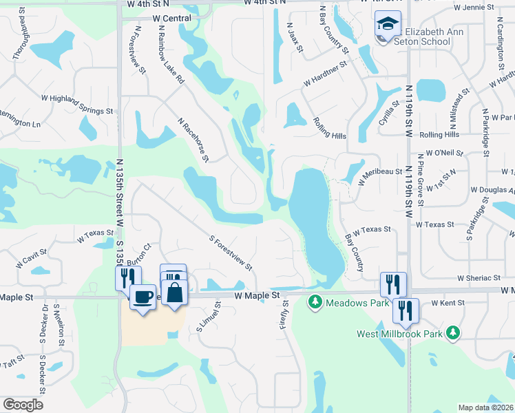 map of restaurants, bars, coffee shops, grocery stores, and more near 116 N Rainbow Lake Rd in Wichita