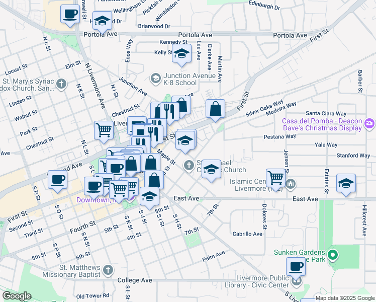 map of restaurants, bars, coffee shops, grocery stores, and more near 328 Church Street in Livermore